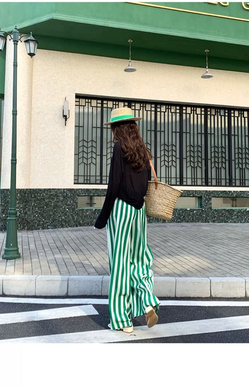 Ladies Wide Leg Stripes Long Trousers
